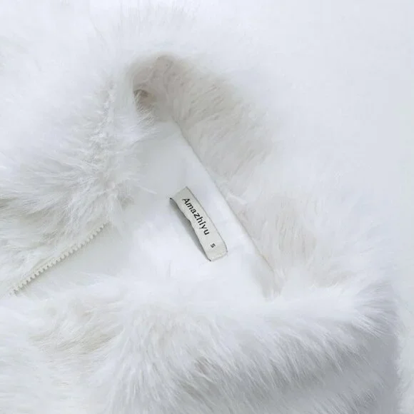 Women's Faux Fur Zip-Up Cropped Jacket Long Sleeve Warm Winter Coat White - Picture 4 of 5